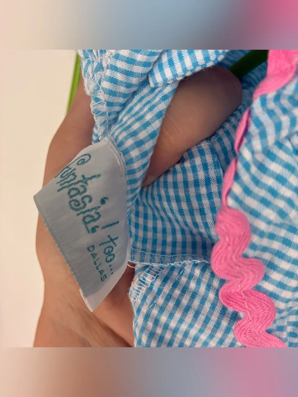 Vintage 90s 12 Months Strawberry Blue Plaid Gingham Dress Lace Pink Fantasia